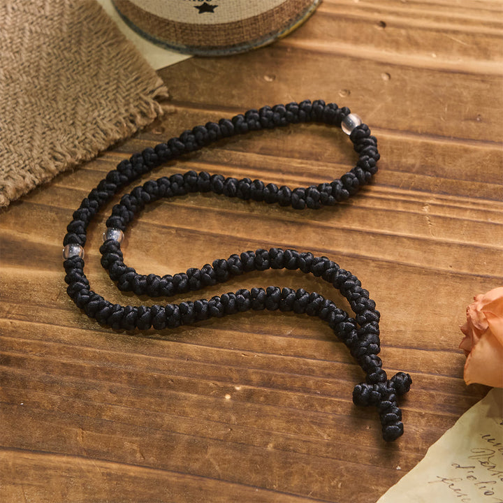 Collier à 100 nœuds de bénédiction avec croix bleue et noire de Christianartworkshop : symbole précieux de la bénédiction divine - Noir - image 4