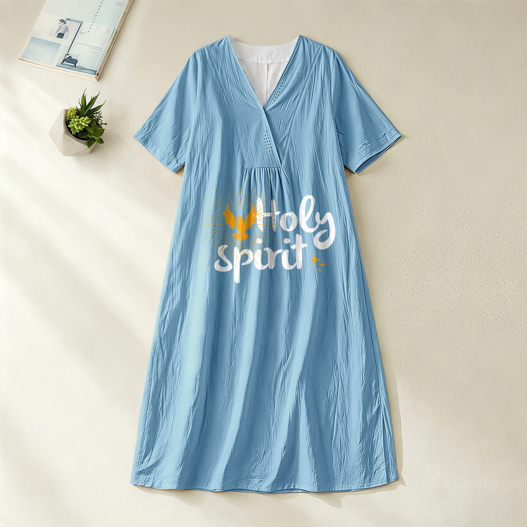 Christianartworkshop Robe midi à manches courtes et col en V, imprimé colombes et soleil « Saint-Esprit » - Bleu - 4XL - image 0
