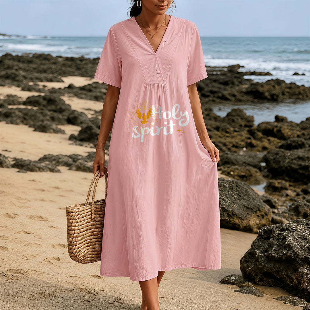 Christianartworkshop Robe midi à manches courtes et col en V, imprimé colombes et soleil « Saint-Esprit » - image 11
