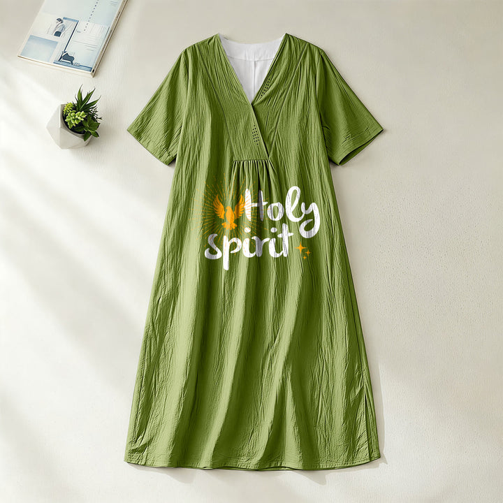 Christianartworkshop Robe midi à manches courtes et col en V, imprimé colombes et soleil « Saint-Esprit » - Vert olive - 4XL - image 6
