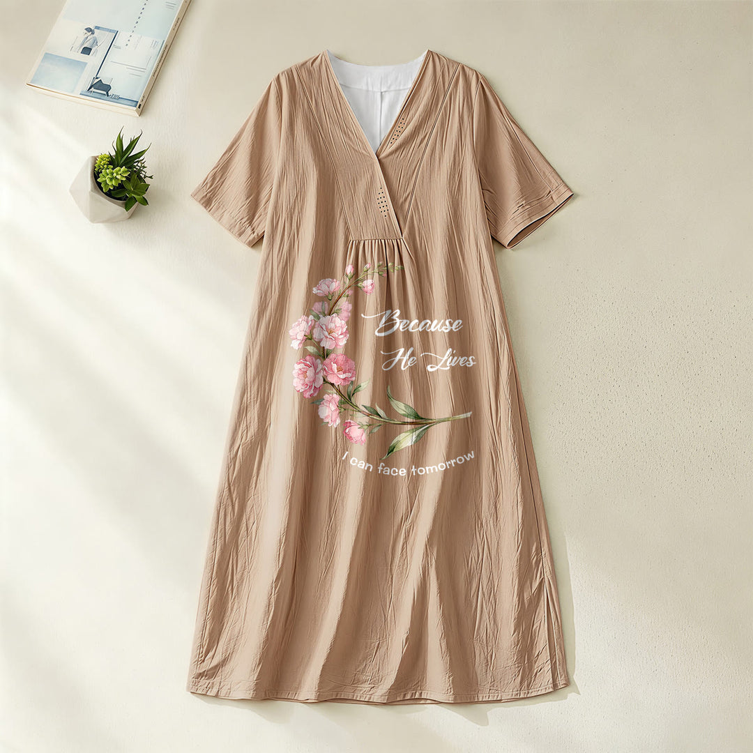 Christianartworkshop Robe midi à manches courtes et col en V à imprimé floral « Parce qu'il vit, je peux affronter demain » - Kaki - 4XL - image 10