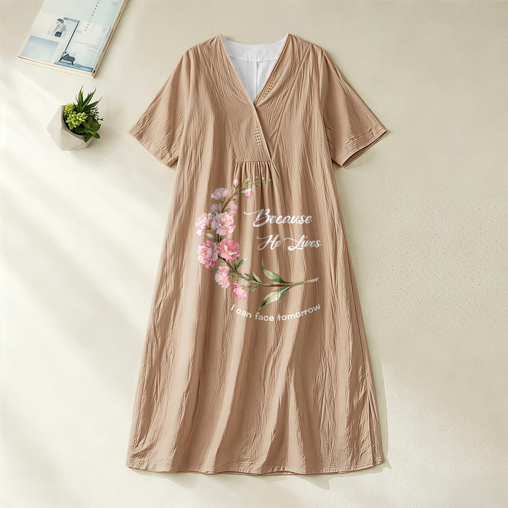 Christianartworkshop Robe midi à manches courtes et col en V à imprimé floral « Parce qu'il vit, je peux affronter demain » - Kaki - 4XL - image 10