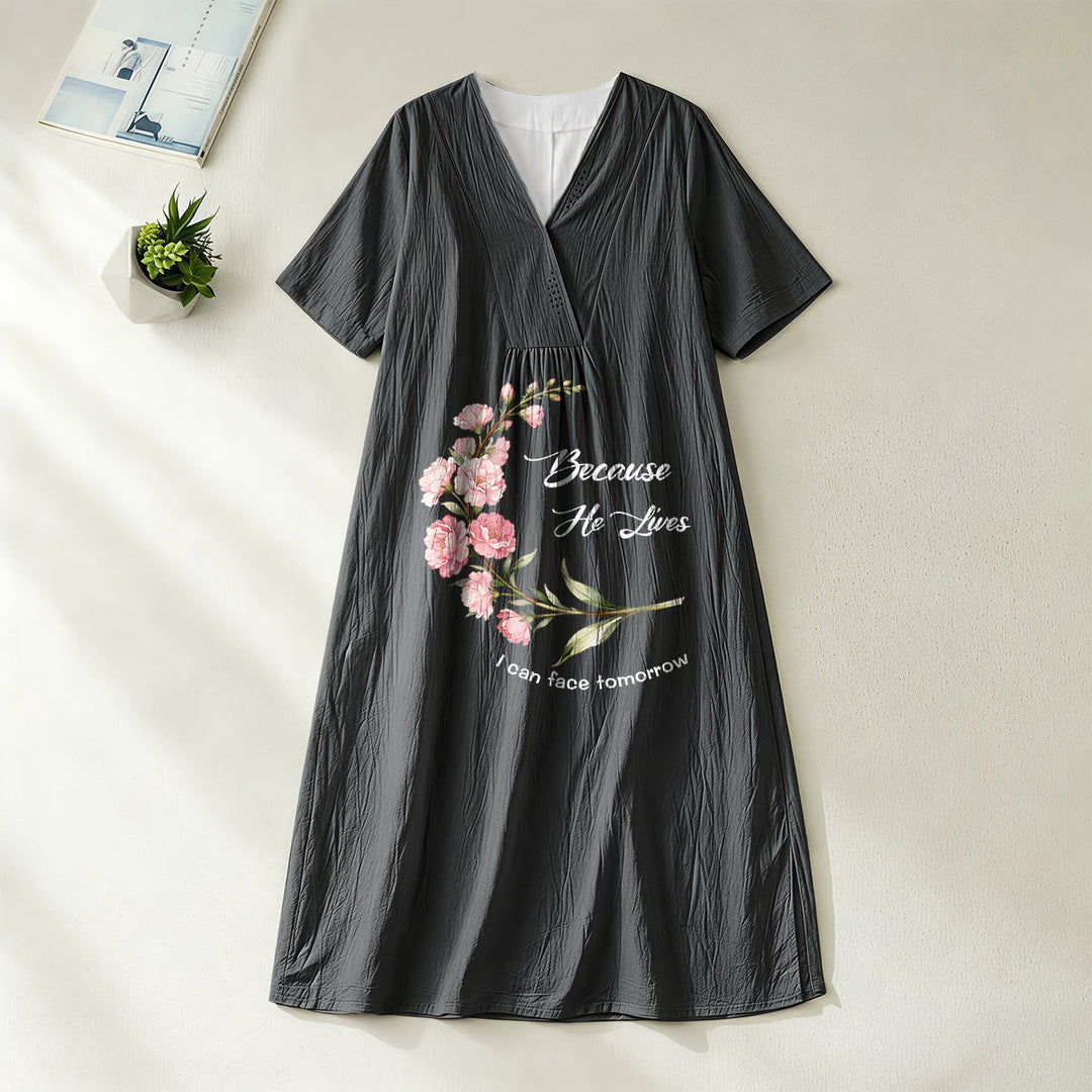 Christianartworkshop Robe midi à manches courtes et col en V à imprimé floral « Parce qu'il vit, je peux affronter demain » - Noir - 4XL - image 2
