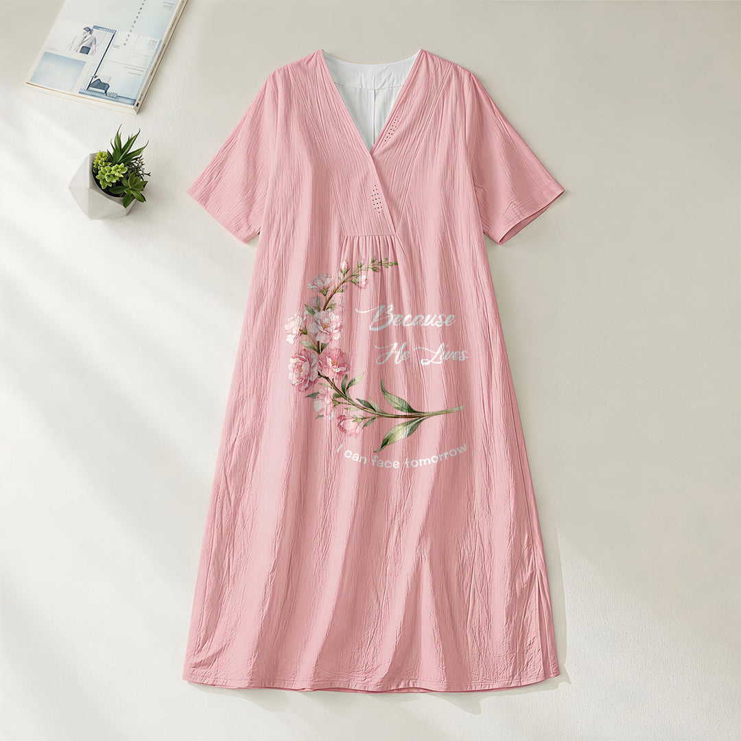 Christianartworkshop Robe midi à manches courtes et col en V à imprimé floral « Parce qu'il vit, je peux affronter demain » - Rose - 4XL - image 0