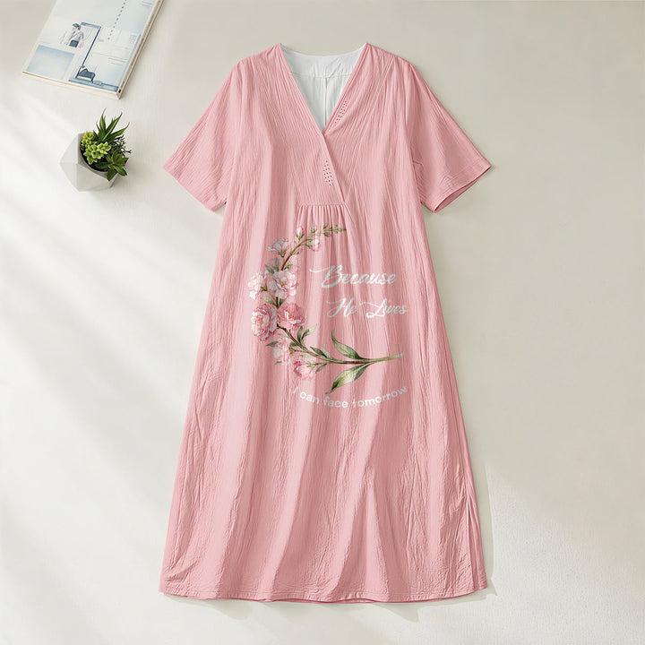 Christianartworkshop Robe midi à manches courtes et col en V à imprimé floral « Parce qu'il vit, je peux affronter demain » - Rose - 4XL - image 0