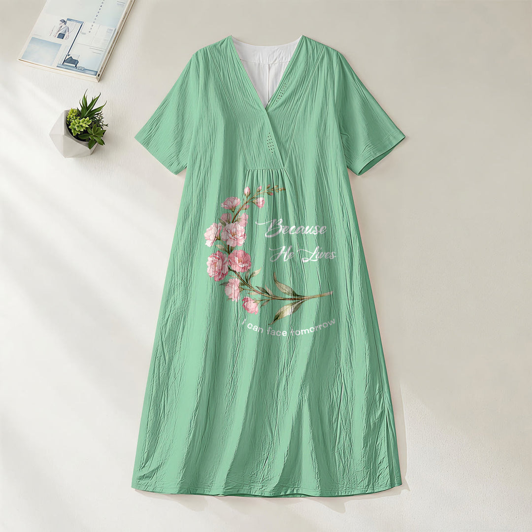 Christianartworkshop Robe midi à manches courtes et col en V à imprimé floral « Parce qu'il vit, je peux affronter demain » - Vert - 4XL - image 6