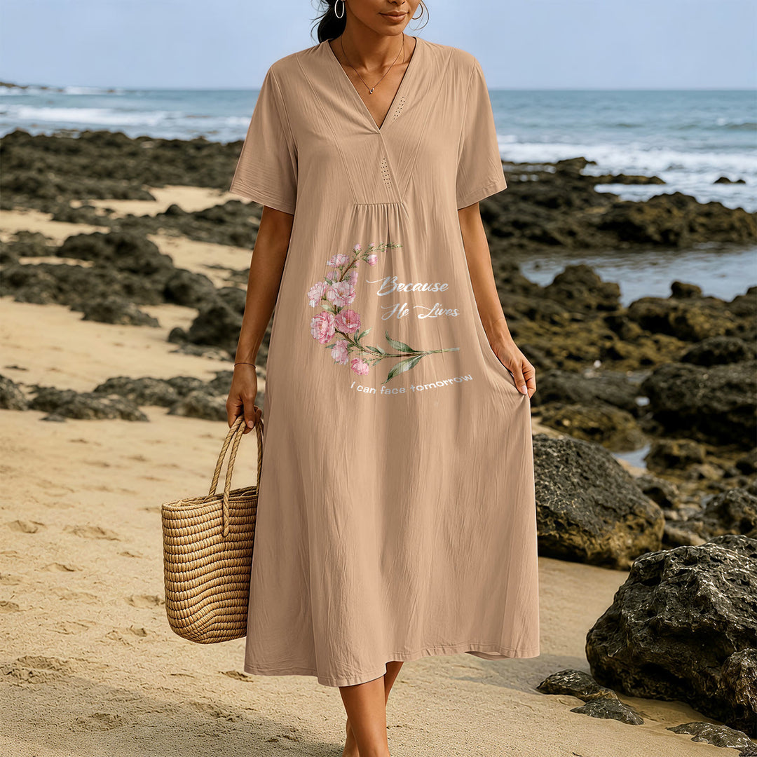 Christianartworkshop Robe midi à manches courtes et col en V à imprimé floral « Parce qu'il vit, je peux affronter demain » - image 11