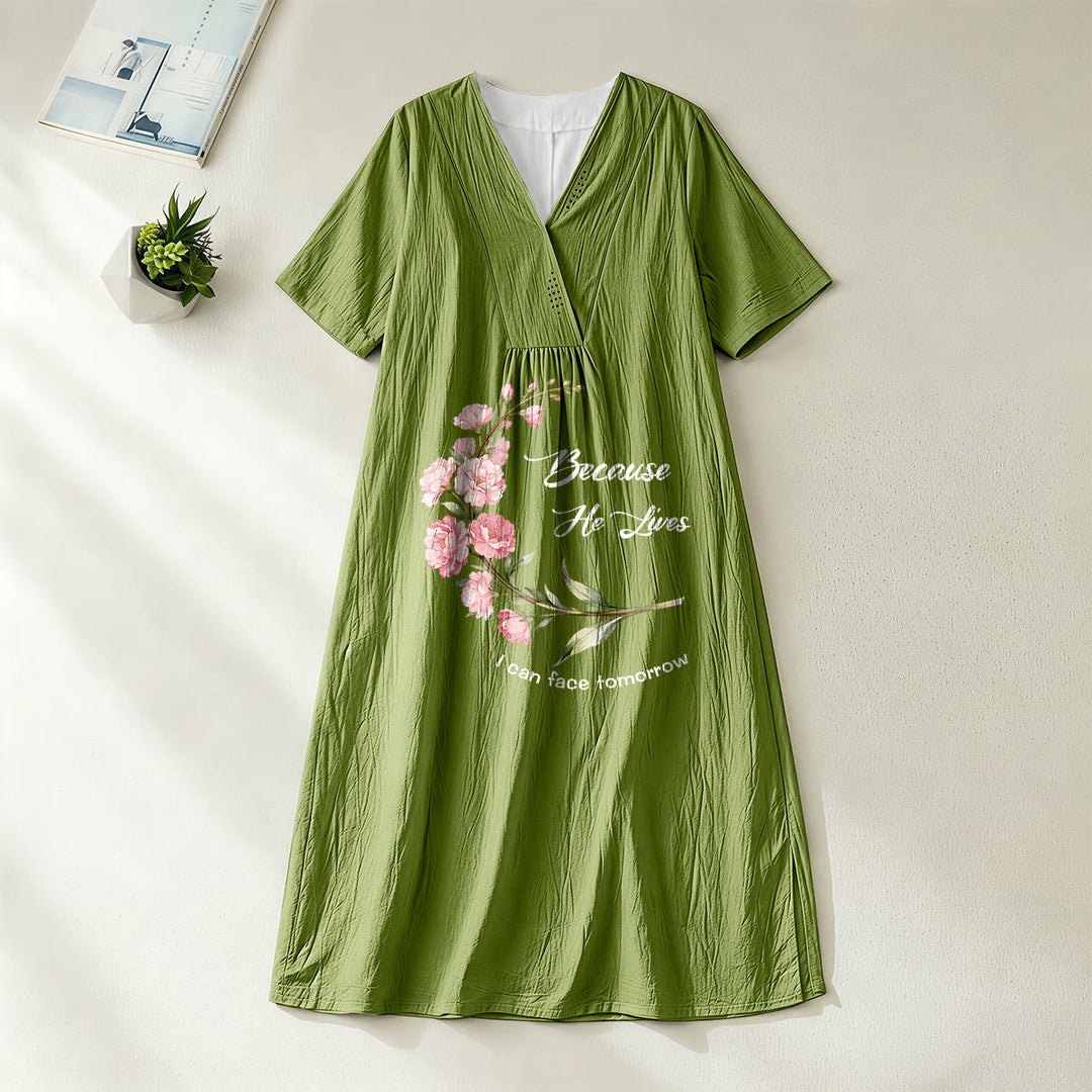 Christianartworkshop Robe midi à manches courtes et col en V à imprimé floral « Parce qu'il vit, je peux affronter demain » - Vert olive - 4XL - image 8