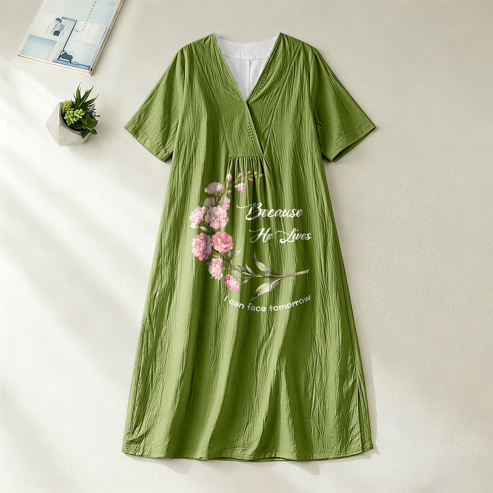 Christianartworkshop Robe midi à manches courtes et col en V à imprimé floral « Parce qu'il vit, je peux affronter demain » - Vert olive - 4XL - image 8