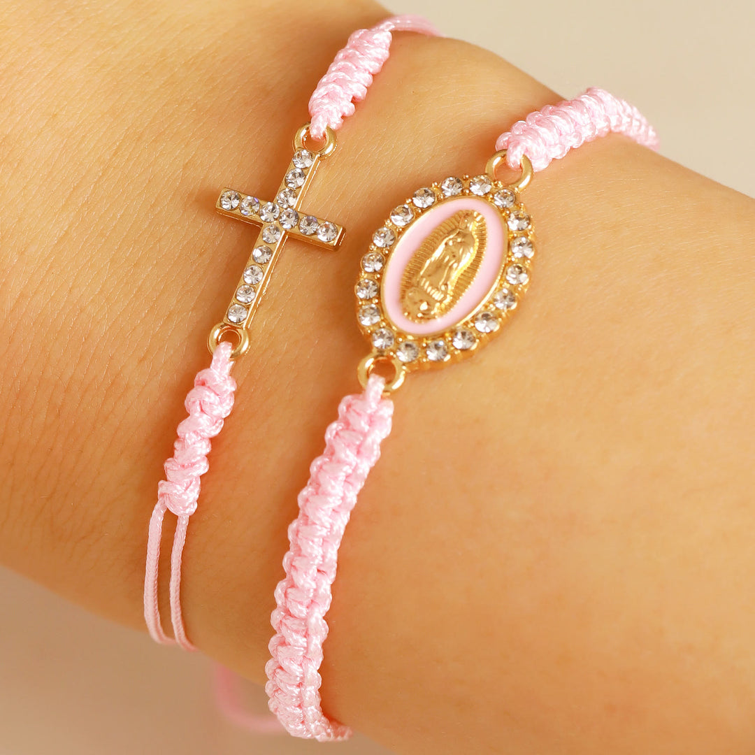 Christianartworkshop Bracelet à double cordon tressé avec croix incrustée de zircon et halo de strass, médaille Notre-Dame - Rose - image 3