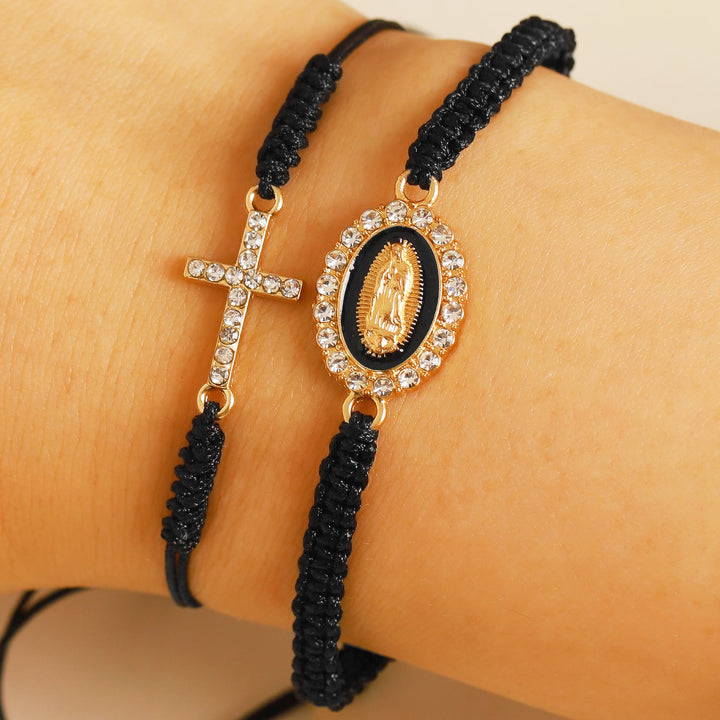 Christianartworkshop Bracelet à double cordon tressé avec croix incrustée de zircon et halo de strass, médaille Notre-Dame - Noir - image 5