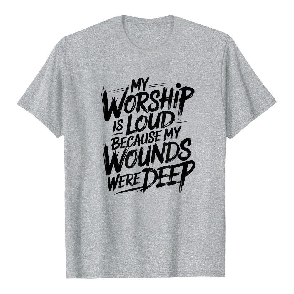Christianartworkshop « Ma louange est forte car mes blessures étaient profondes » T-shirt premium à manches courtes avec typographie audacieuse « Foi » - Gris - 2XL - image 0
