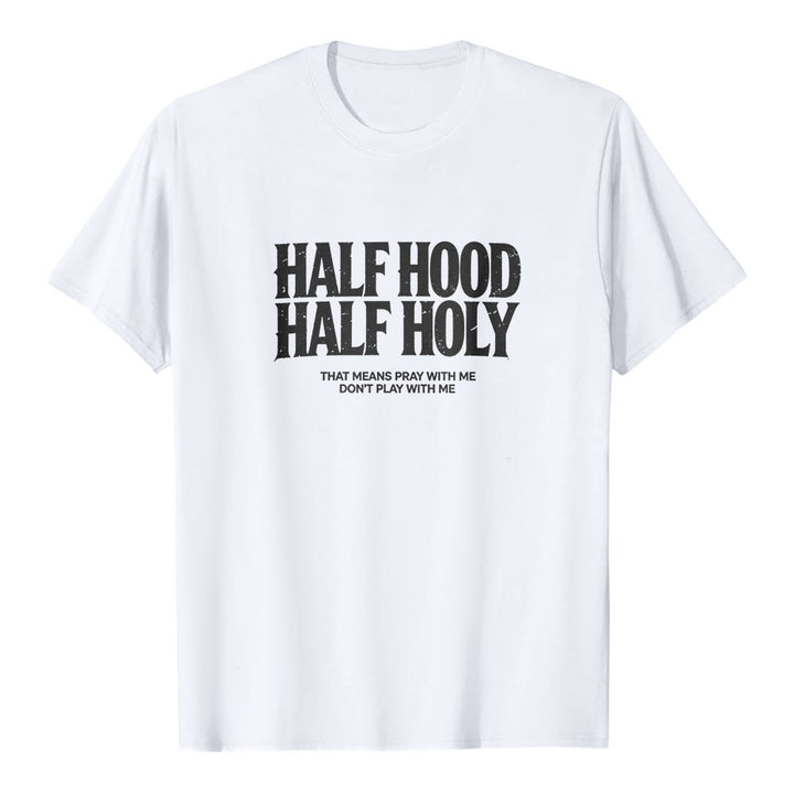 T-shirt premium à manches courtes « Half Hood Half Holy » de Christianartworkshop, avec texte gothique en gras - Blanc - 2XL - image 0