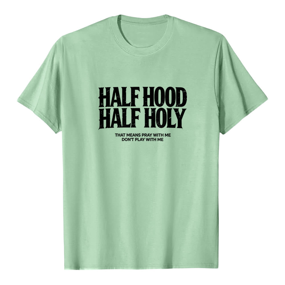 T-shirt premium à manches courtes « Half Hood Half Holy » de Christianartworkshop, avec texte gothique en gras - Vert clair - 2XL - image 6