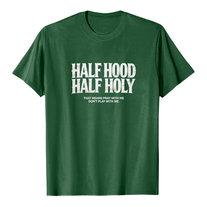 T-shirt premium à manches courtes « Half Hood Half Holy » de Christianartworkshop, avec texte gothique en gras - Vert foncé - 2XL - image 7