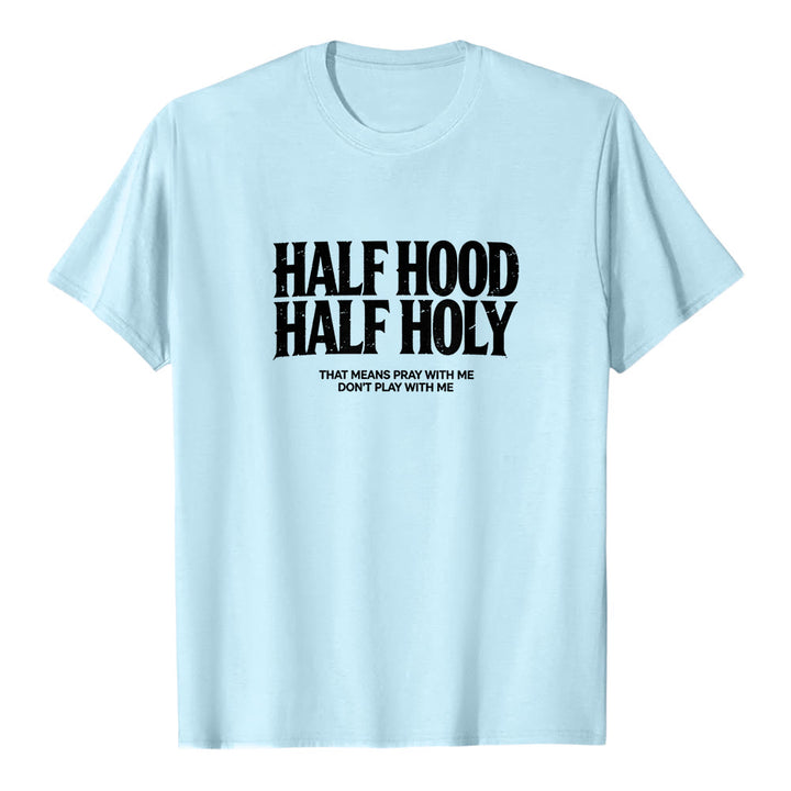 T-shirt premium à manches courtes « Half Hood Half Holy » de Christianartworkshop, avec texte gothique en gras - Bleu - 2XL - image 5