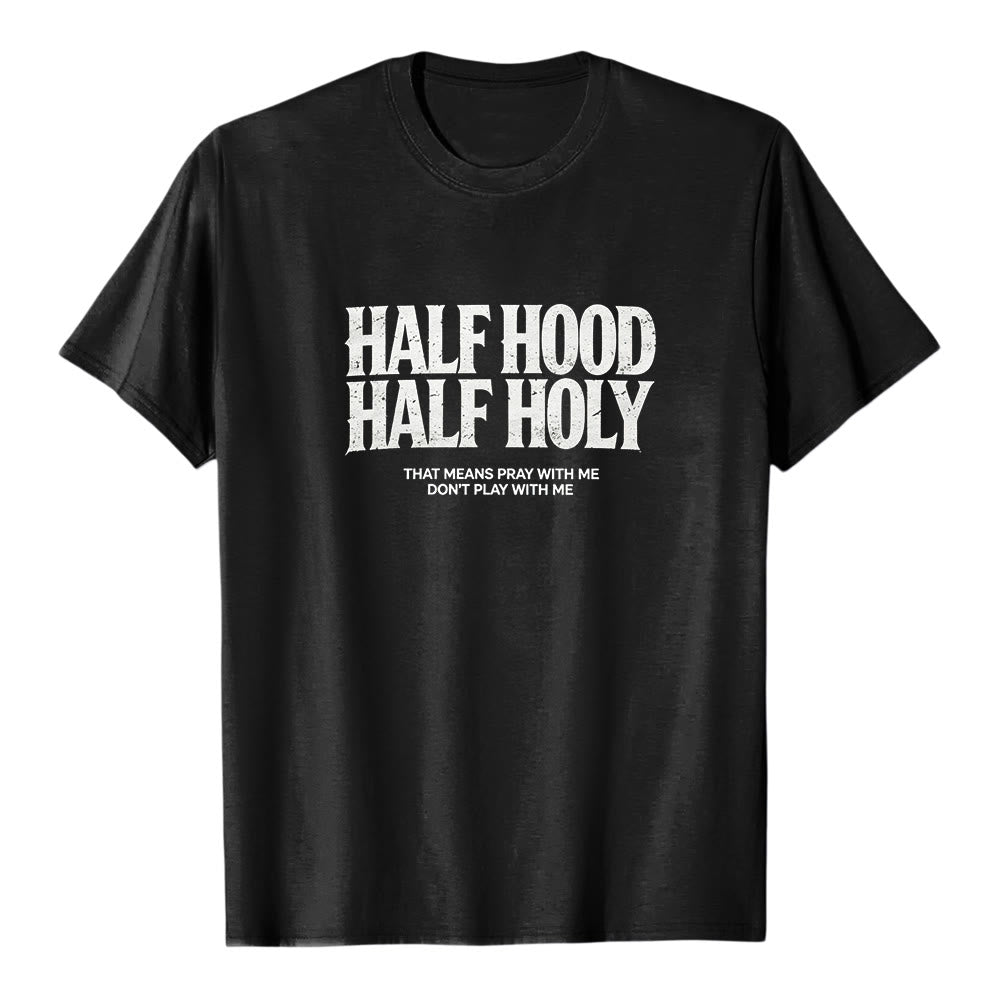T-shirt premium à manches courtes « Half Hood Half Holy » de Christianartworkshop, avec texte gothique en gras - Noir - 2XL - image 2