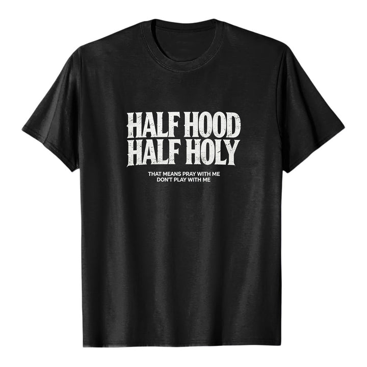 T-shirt premium à manches courtes « Half Hood Half Holy » de Christianartworkshop, avec texte gothique en gras - Noir - 2XL - image 2