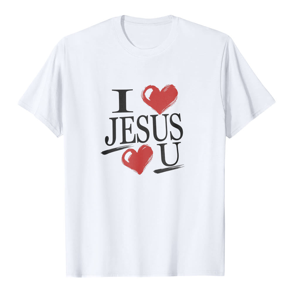T-shirt à manches courtes premium « J'aime Jésus et toi » de Christianartworkshop , avec double cœur et la foi. - Blanc - 2XL - image 0