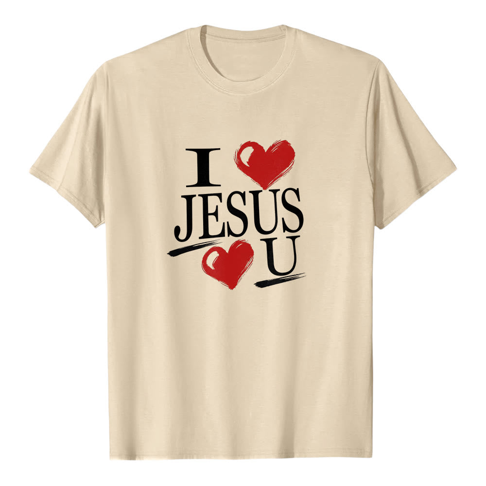 T-shirt à manches courtes premium « J'aime Jésus et toi » de Christianartworkshop , avec double cœur et la foi. - Beige - 2XL - image 4