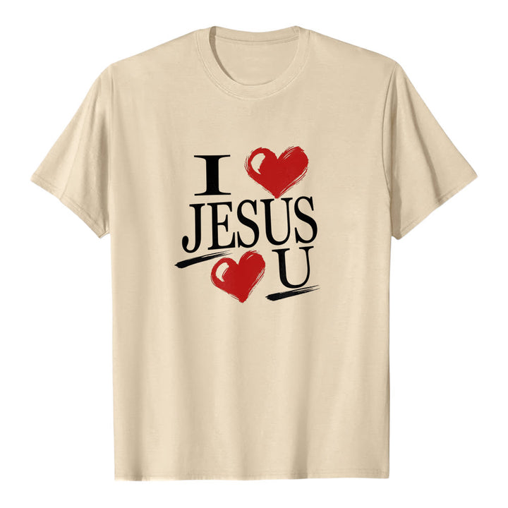 T-shirt à manches courtes premium « J'aime Jésus et toi » de Christianartworkshop , avec double cœur et la foi. - Beige - 2XL - image 4