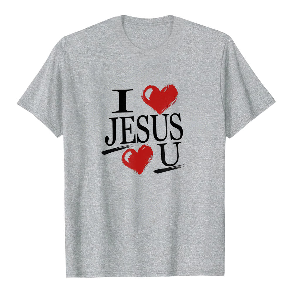 T-shirt à manches courtes premium « J'aime Jésus et toi » de Christianartworkshop , avec double cœur et la foi. - Gris - 2XL - image 2