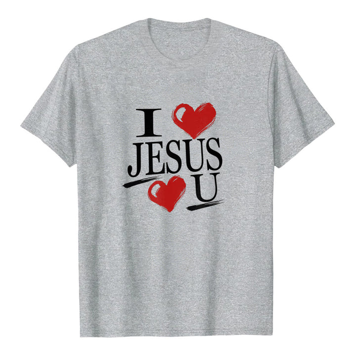 T-shirt à manches courtes premium « J'aime Jésus et toi » de Christianartworkshop , avec double cœur et la foi. - Gris - 2XL - image 2