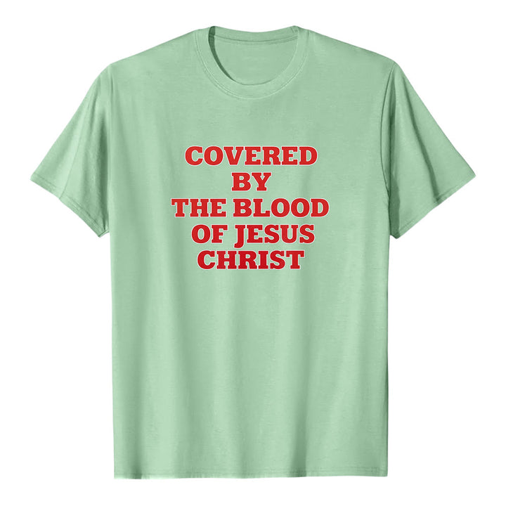 T-shirt premium à manches courtes Christianartworkshop « Couverts par le sang de Jésus-Christ » - Déclaration de foi - Vert clair - 2XL - image 6
