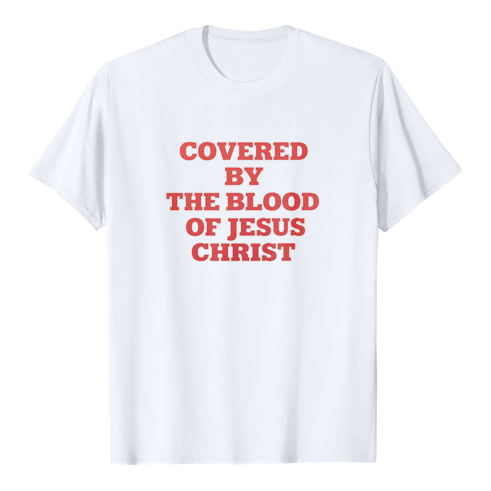 T-shirt premium à manches courtes Christianartworkshop « Couverts par le sang de Jésus-Christ » - Déclaration de foi - Blanc - 2XL - image 0