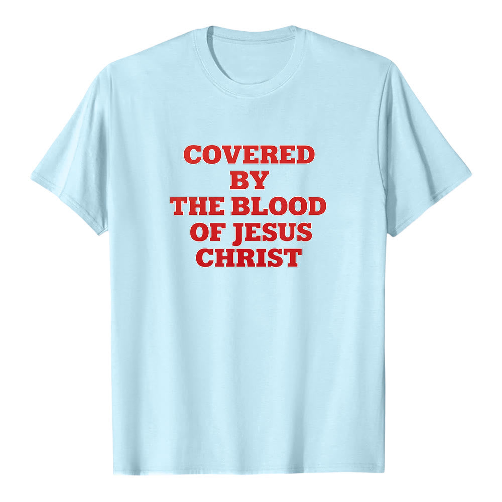 T-shirt premium à manches courtes Christianartworkshop « Couverts par le sang de Jésus-Christ » - Déclaration de foi - Bleu - 2XL - image 5