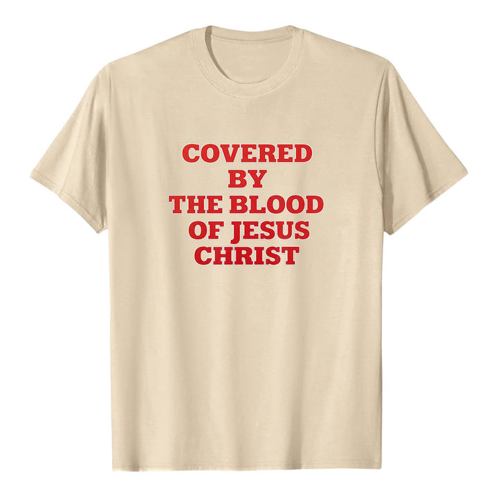 T-shirt premium à manches courtes Christianartworkshop « Couverts par le sang de Jésus-Christ » - Déclaration de foi - Beige - 2XL - image 4
