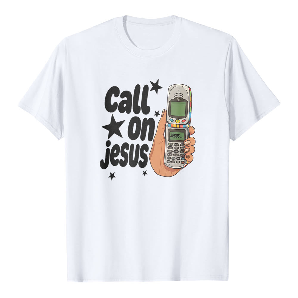 T-shirt premium à manches courtes Christianartworkshop « Appelez Jésus » motif téléphone à clapet rétro - Blanc - 2XL - image 0