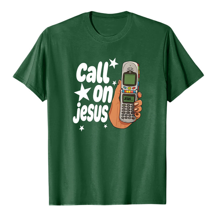 T-shirt premium à manches courtes Christianartworkshop « Appelez Jésus » motif téléphone à clapet rétro - Vert foncé - 2XL - image 7