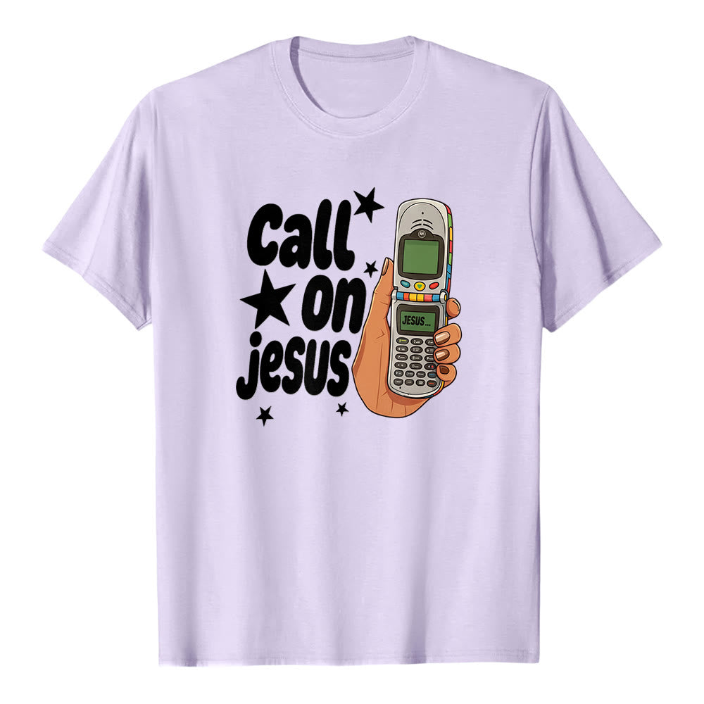 T-shirt premium à manches courtes Christianartworkshop « Appelez Jésus » motif téléphone à clapet rétro - Violet - 2XL - image 3