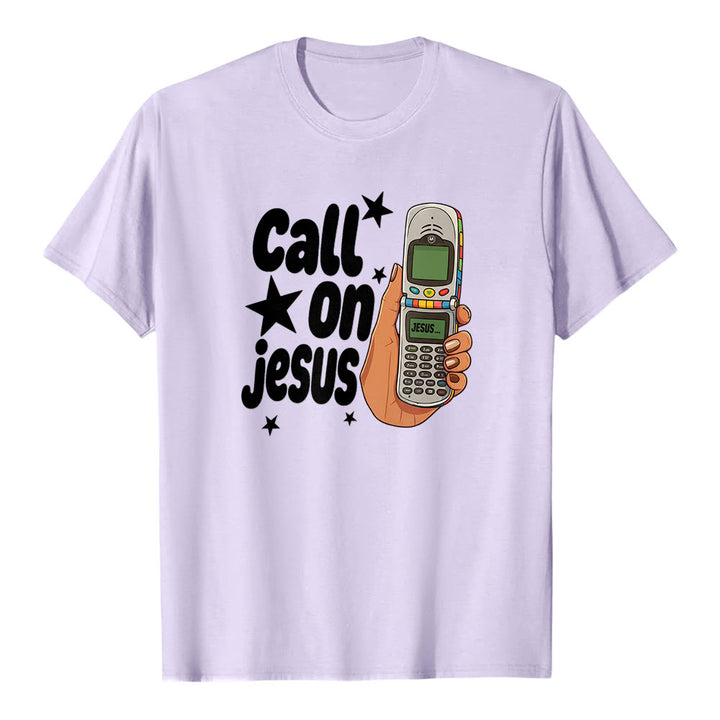 T-shirt premium à manches courtes Christianartworkshop « Appelez Jésus » motif téléphone à clapet rétro - Violet - 2XL - image 3