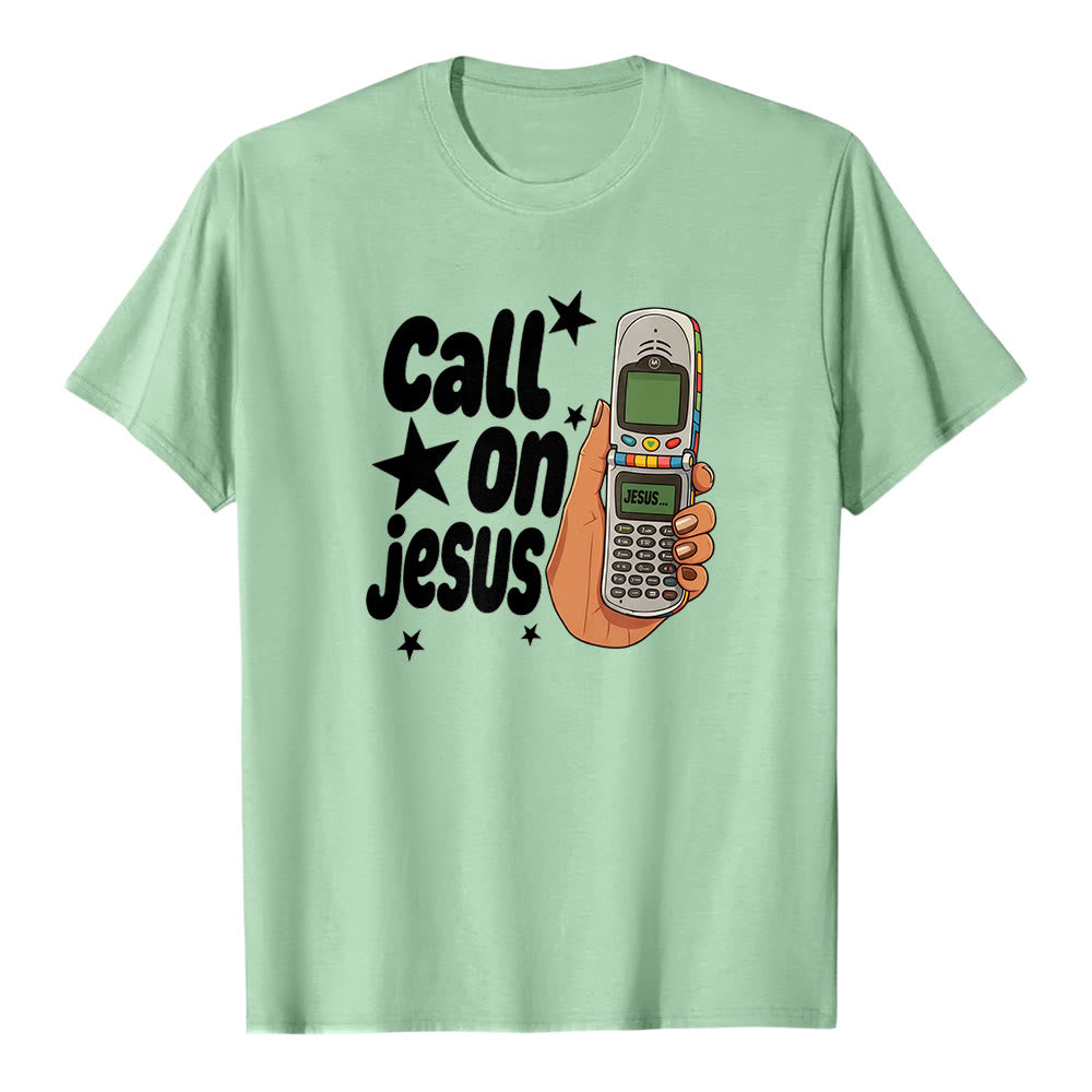 T-shirt premium à manches courtes Christianartworkshop « Appelez Jésus » motif téléphone à clapet rétro - Vert clair - 2XL - image 6