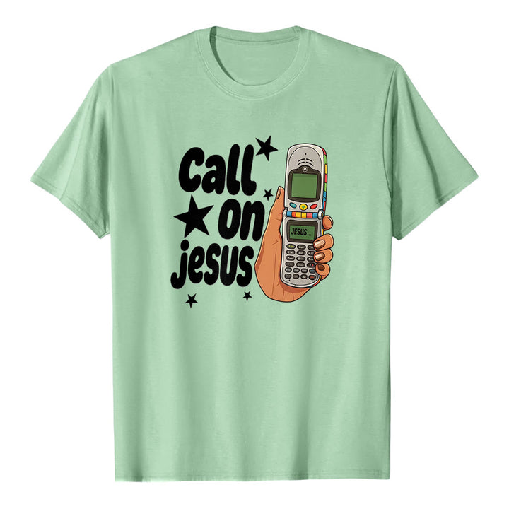T-shirt premium à manches courtes Christianartworkshop « Appelez Jésus » motif téléphone à clapet rétro - Vert clair - 2XL - image 6