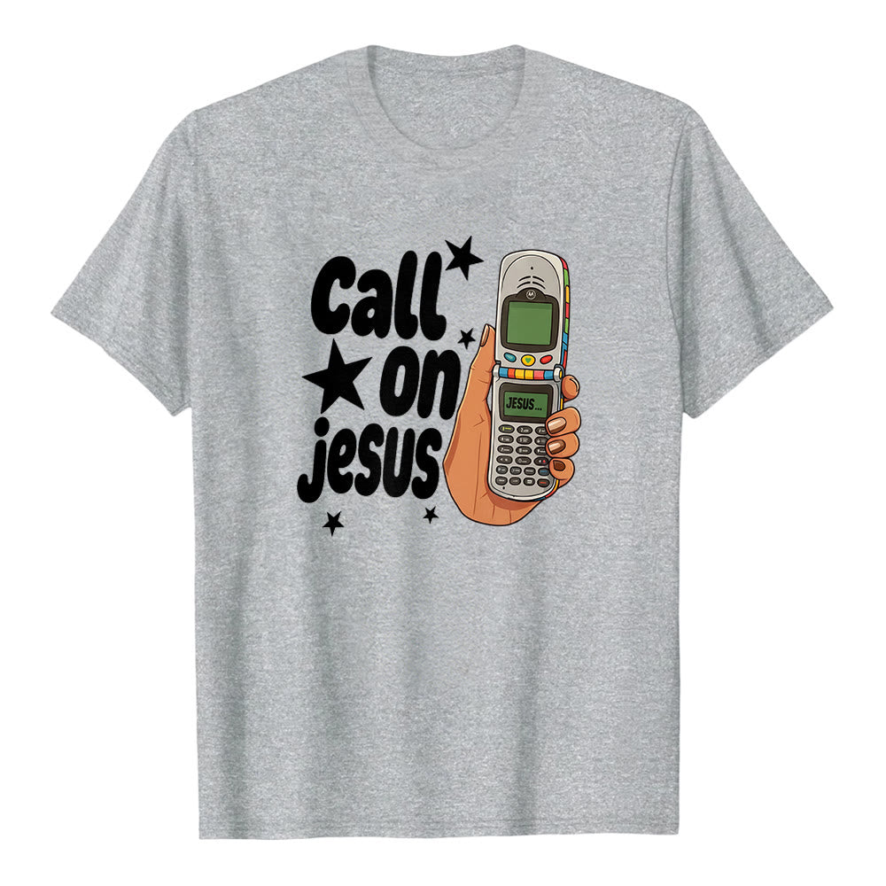T-shirt premium à manches courtes Christianartworkshop « Appelez Jésus » motif téléphone à clapet rétro - Gris - 2XL - image 2
