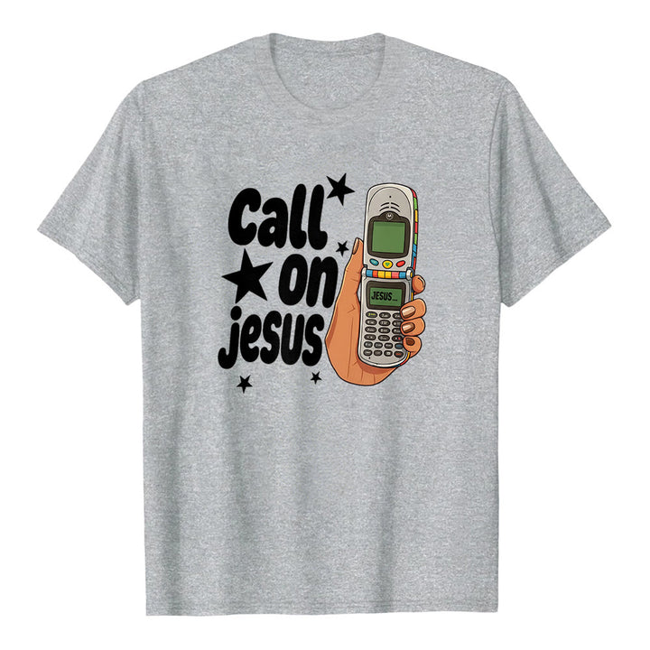 T-shirt premium à manches courtes Christianartworkshop « Appelez Jésus » motif téléphone à clapet rétro - Gris - 2XL - image 2