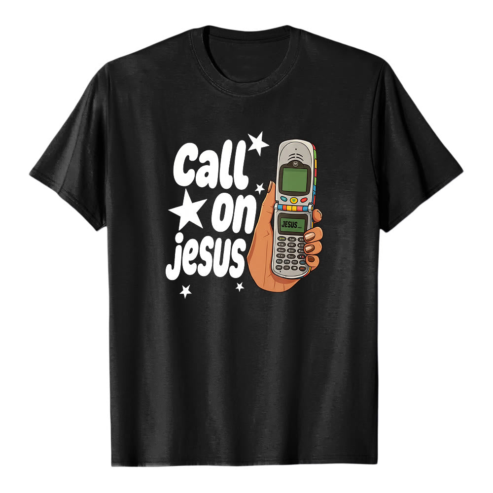T-shirt premium à manches courtes Christianartworkshop « Appelez Jésus » motif téléphone à clapet rétro - Noir - 2XL - image 1