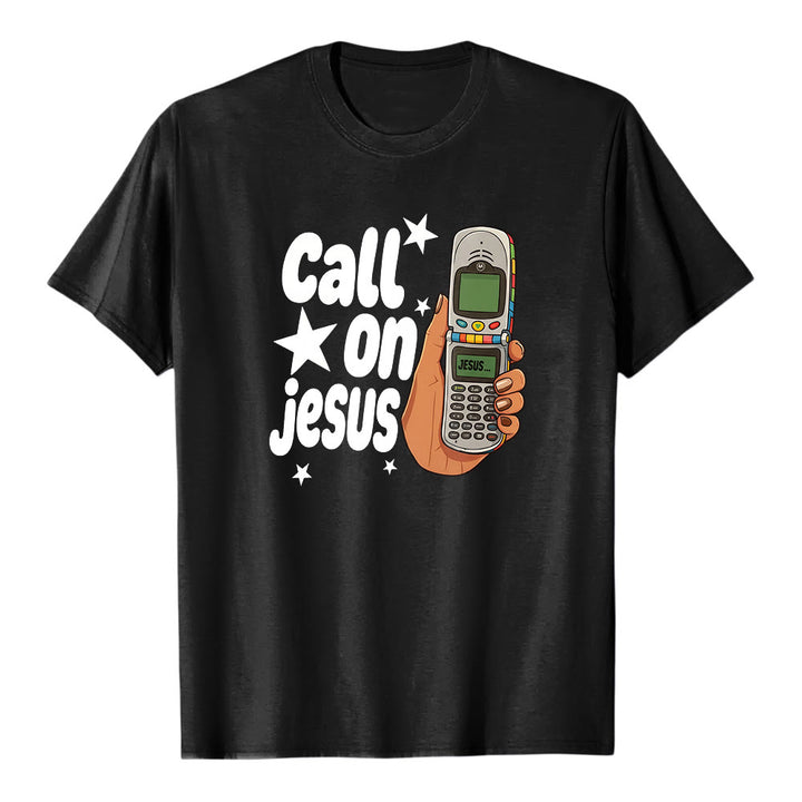 T-shirt premium à manches courtes Christianartworkshop « Appelez Jésus » motif téléphone à clapet rétro - Noir - 2XL - image 1