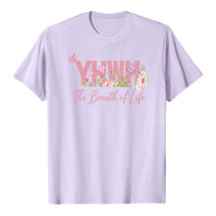 T-shirt premium à manches courtes Christianartworkshop motif floral pastel et papillon « YHWH » - Violet - 2XL - image 0