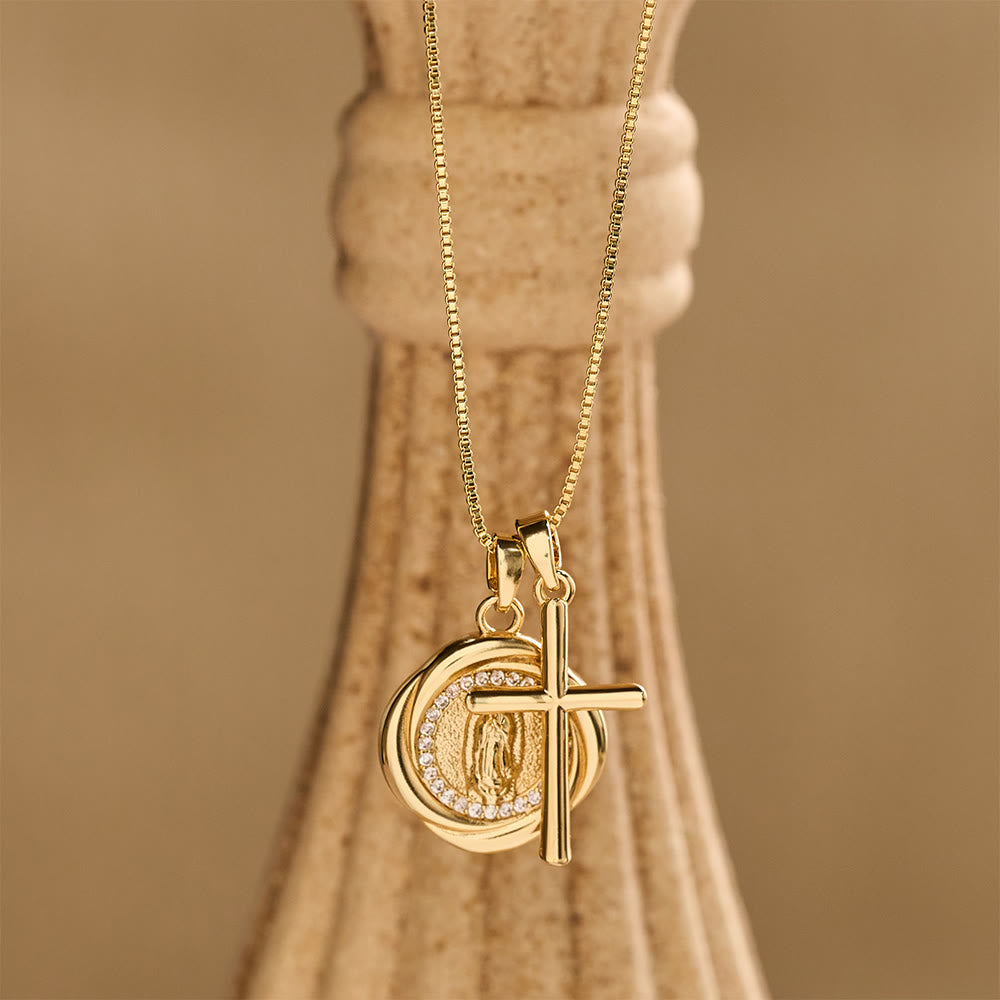 Christianartworkshop Collier à double pendentif avec médaillon Notre-Dame entouré de zircon et breloque croix polie - image 1