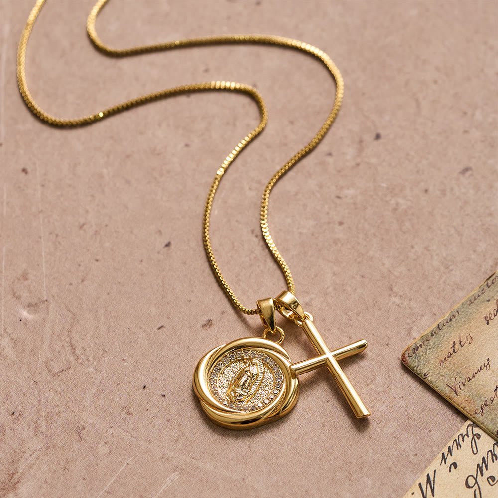 Christianartworkshop Collier à double pendentif avec médaillon Notre-Dame entouré de zircon et breloque croix polie - image 2