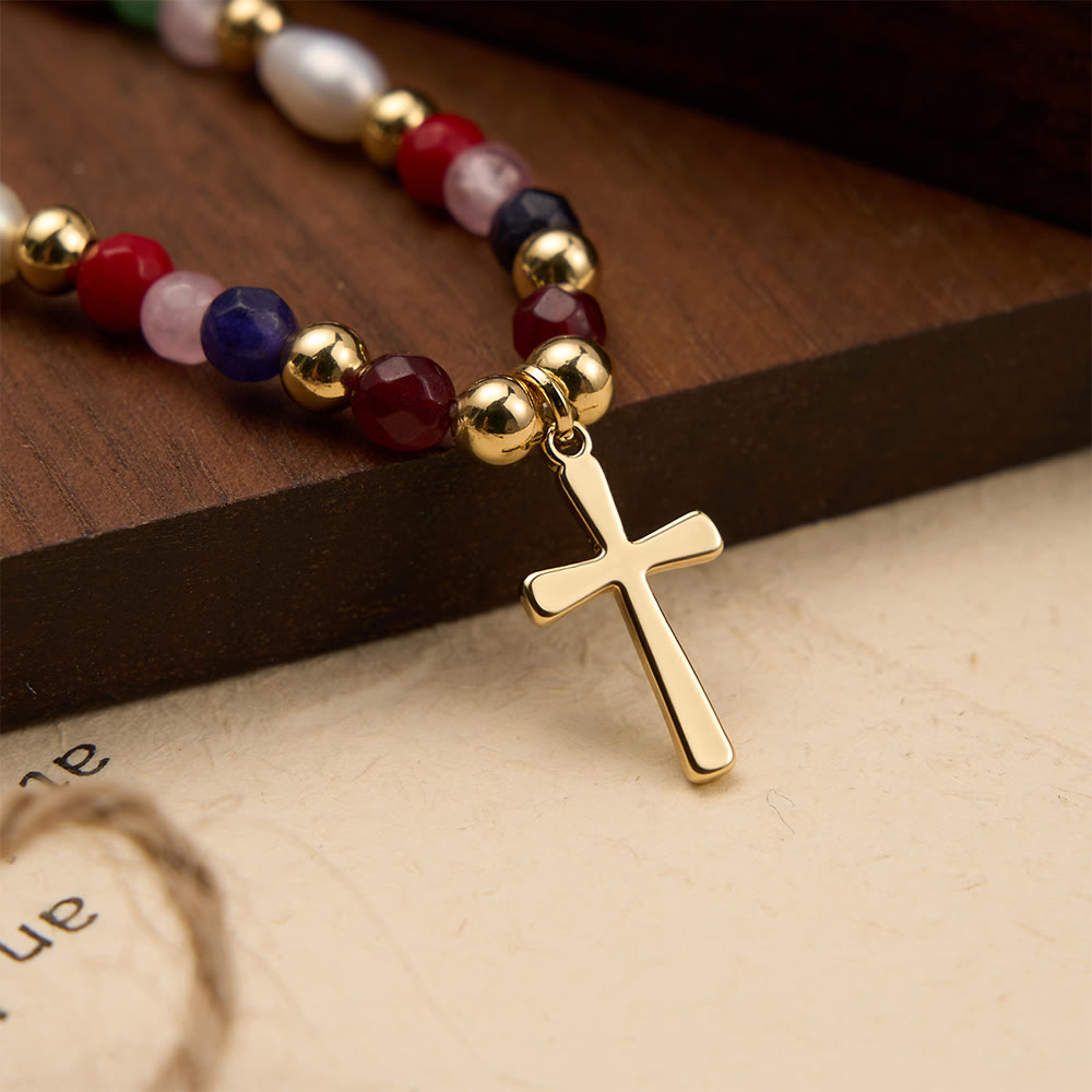 Christianartworkshop Collier de perles colorées avec pendentif croix simple : symbole de grâce sacrée rayonnante et de foi inébranlable - Doré - image 1