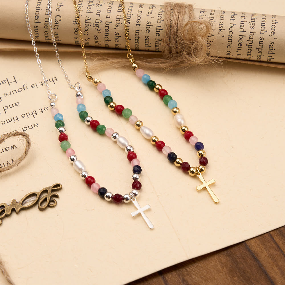 Christianartworkshop Collier de perles colorées avec pendentif croix simple : symbole de grâce sacrée rayonnante et de foi inébranlable - image 0