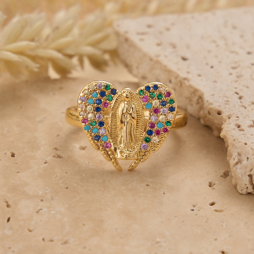 Christianartworkshop Bague ouverte ajustable avec halo de zircons colorés, breloque Notre-Dame de Guadalupe : symbole de tendre grâce maternelle - Cœur (Convient aux tailles américaines 6 à 9) - image 0