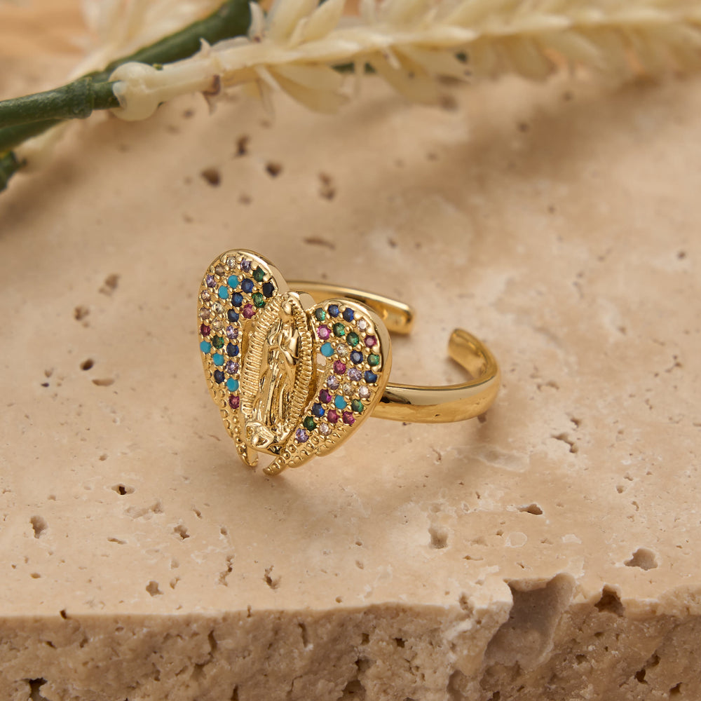 Christianartworkshop Bague ouverte ajustable avec halo de zircons colorés, breloque Notre-Dame de Guadalupe : symbole de tendre grâce maternelle - image 1