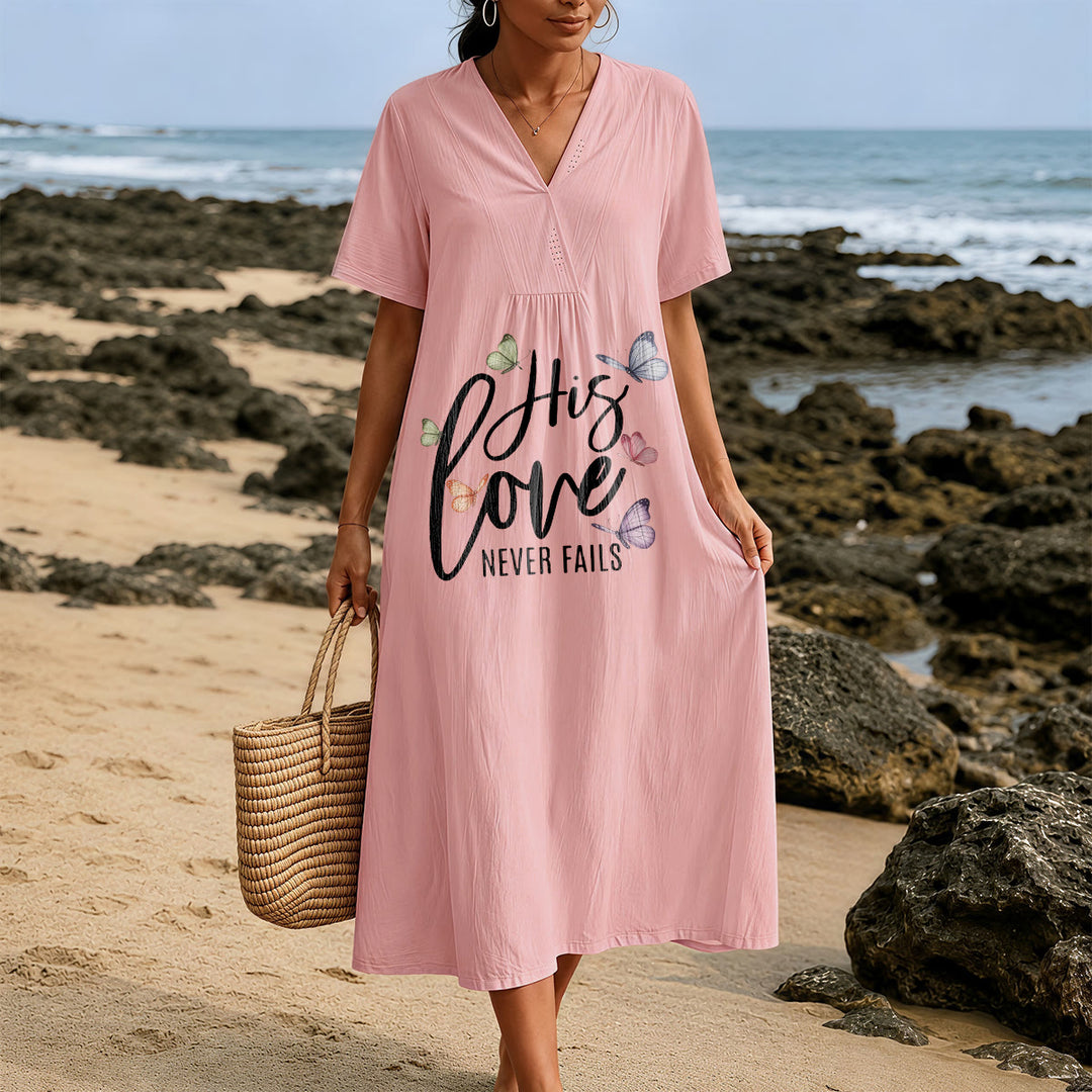 Robe midi à manches courtes et col en V à imprimé papillon « Son amour ne faillit jamais » de Christianartworkshop - image 21
