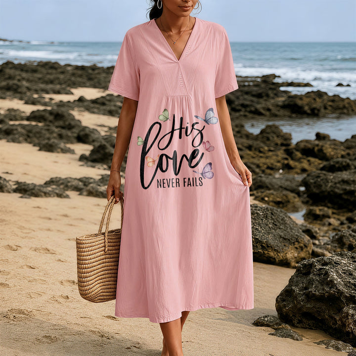 Robe midi à manches courtes et col en V à imprimé papillon « Son amour ne faillit jamais » de Christianartworkshop - image 21